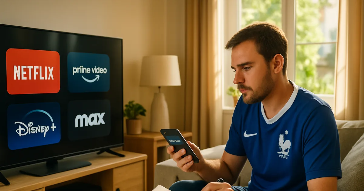 Un supporter de football en maillot, assis dans un salon lumineux, calcule son budget abonnement en comparant plusieurs applications de streaming sur sa télévision et son smartphone.