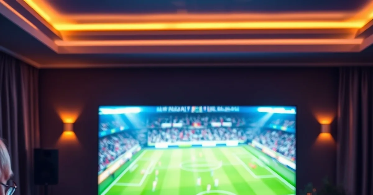 Salon lumineux en soirée avec un match de football en direct sur un grand téléviseur et un smartphone affichant un chronomètre à côté, ambiance test comparatif d'abonnements IPTV