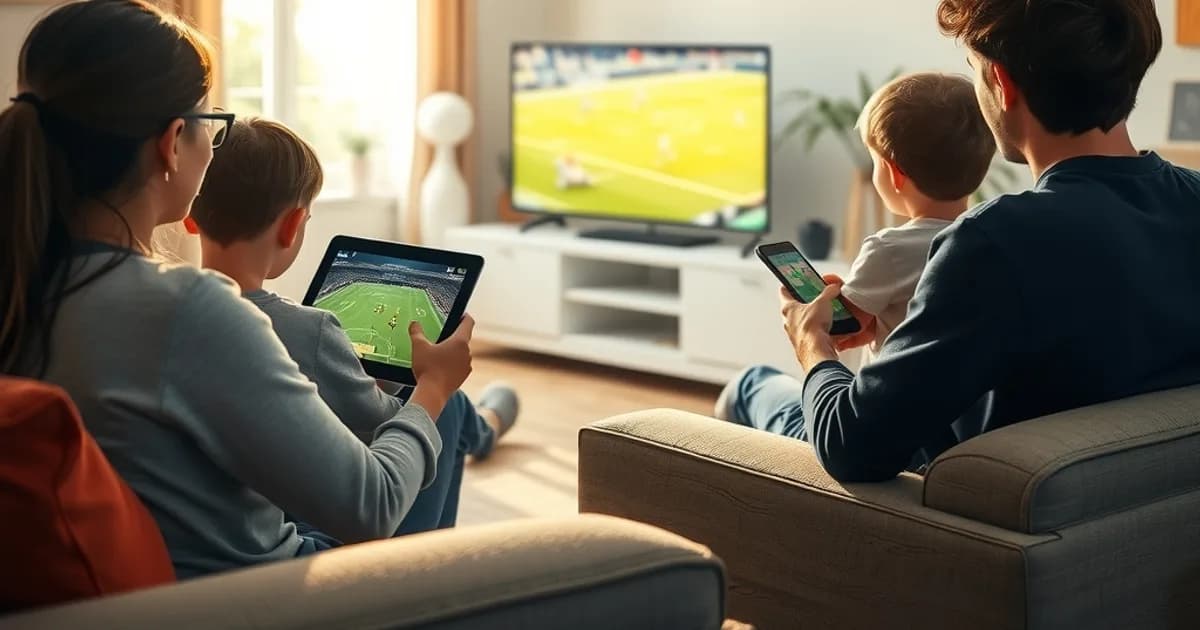 Famille réunie dans un salon lumineux un soir de rentrée, regardant un match de foot pendant qu'un enfant suit un dessin animé sur une tablette à côté.