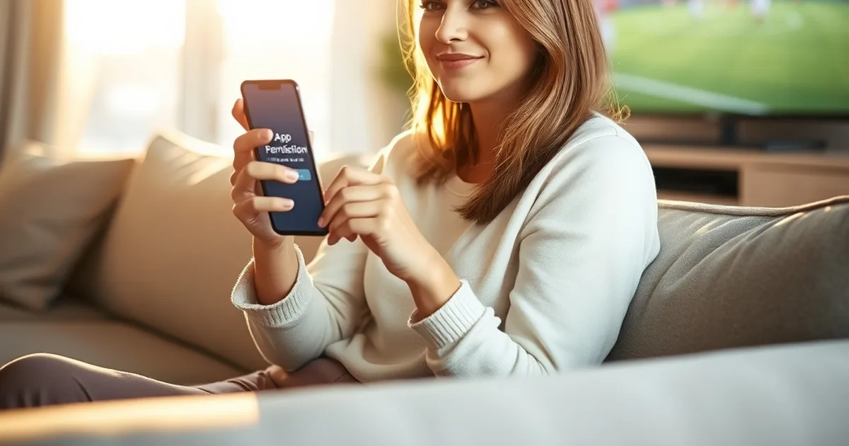Une femme vérifie les permissions d'une application sur son smartphone dans un salon lumineux, avec la télévision allumée en arrière-plan