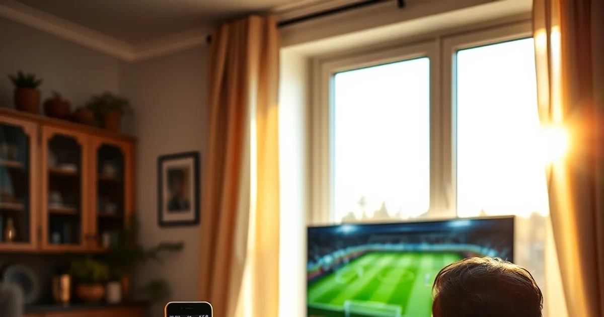Une personne teste la vitesse de sa connexion internet sur son smartphone dans un salon lumineux, avec la télévision allumée en arrière-plan avant un match de Ligue 1