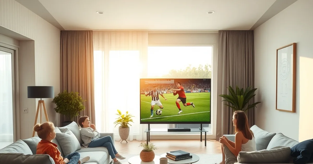 Famille regardant un match de football tranquillement dans un salon lumineux, sans coupure d'écran